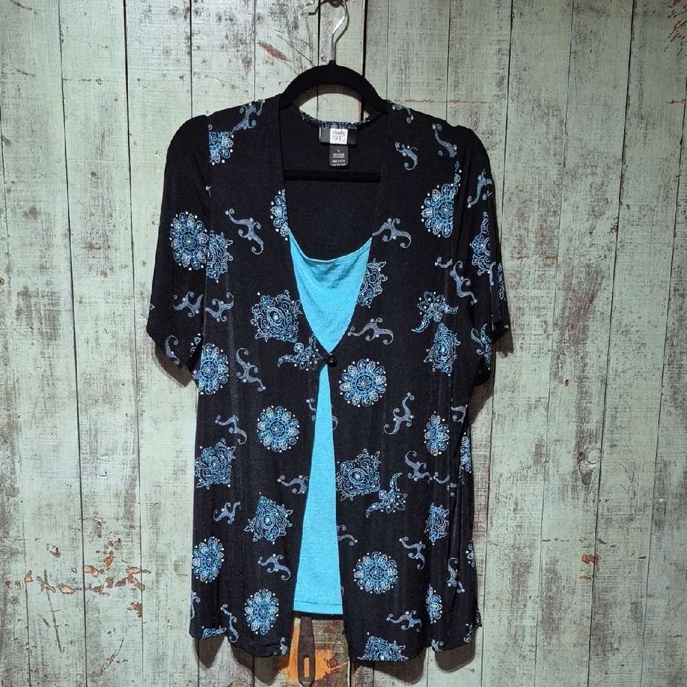 Studio 1940 Black and Blue Pleated Faux 2-piece Blouse